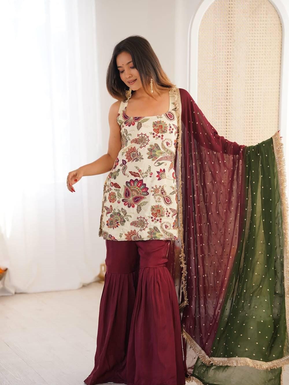 Graceful Floral Ivory Silk Kurti & Sharara With Dupatta Set | Embroidery Work Set