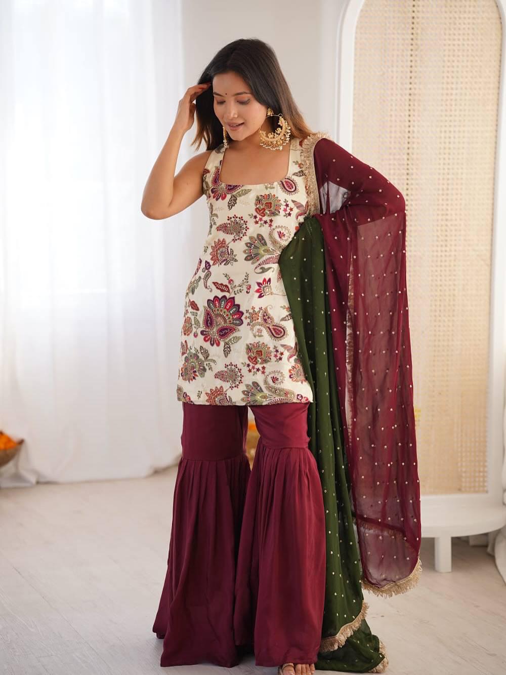 Graceful Floral Ivory Silk Kurti & Sharara With Dupatta Set | Embroidery Work Set