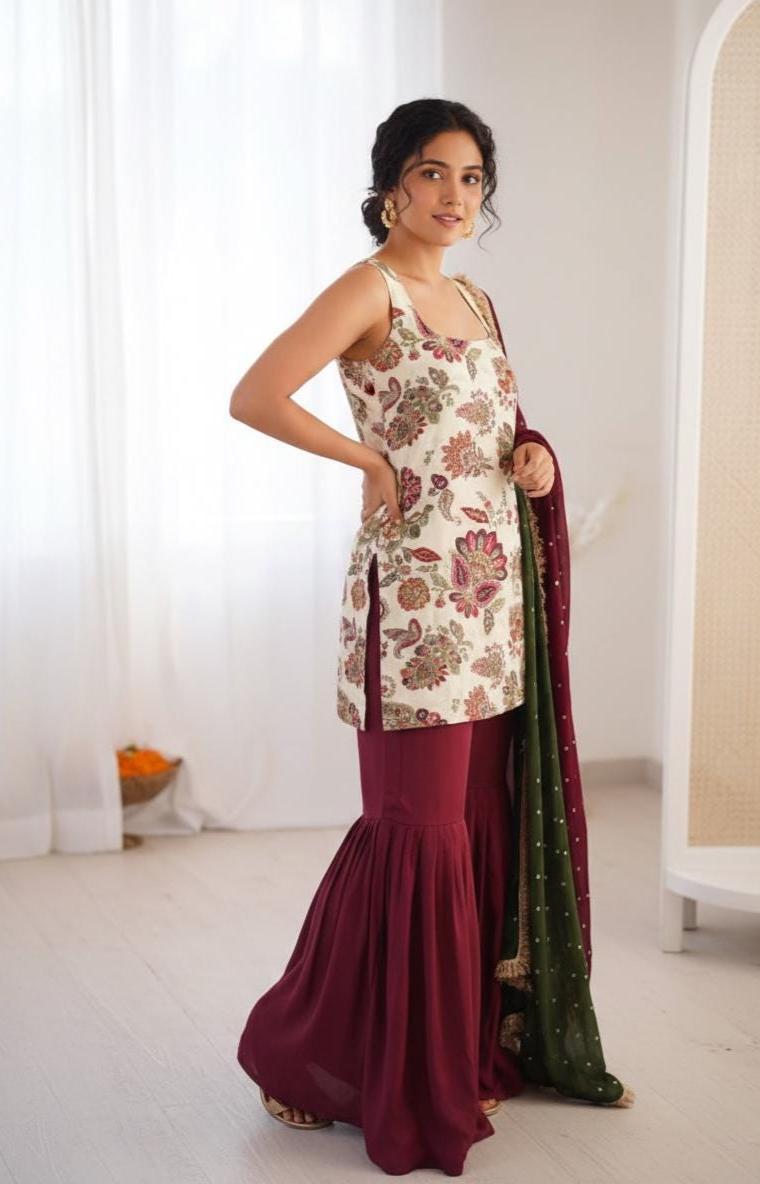 Graceful Floral Ivory Silk Kurti & Sharara With Dupatta Set | Embroidery Work Set