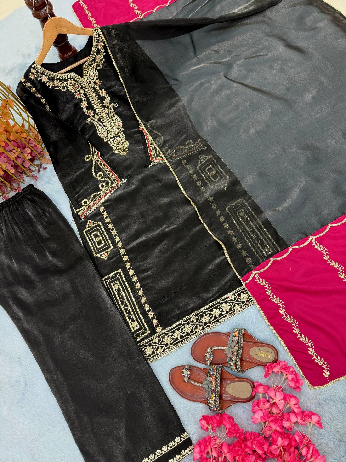 Designer Silk Black Kurta & Palazzo Suit With Dupatta | Embroidery Work Set - Eid Dress