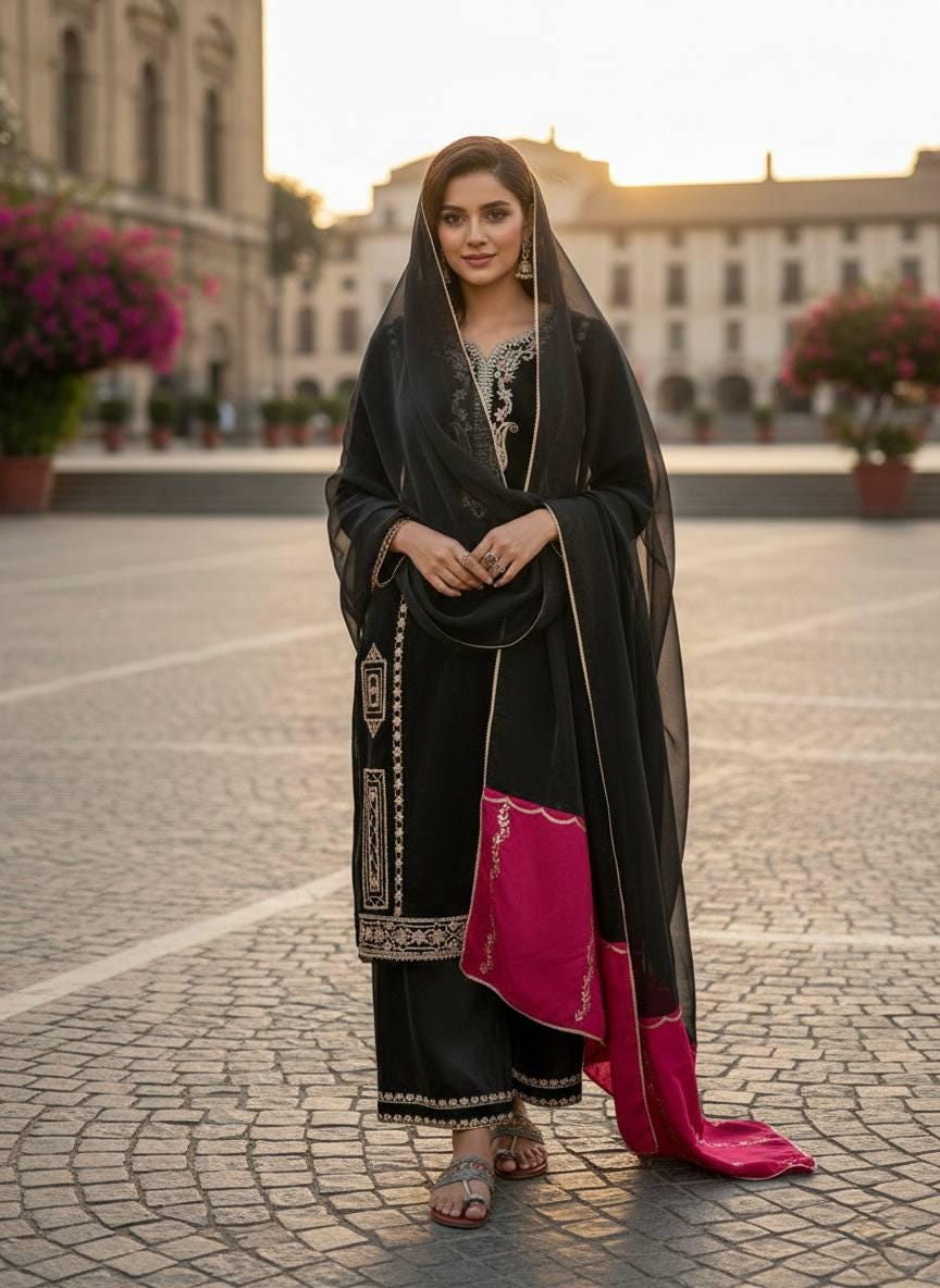 Designer Silk Black Kurta & Palazzo Suit With Dupatta | Embroidery Work Set - Eid Dress