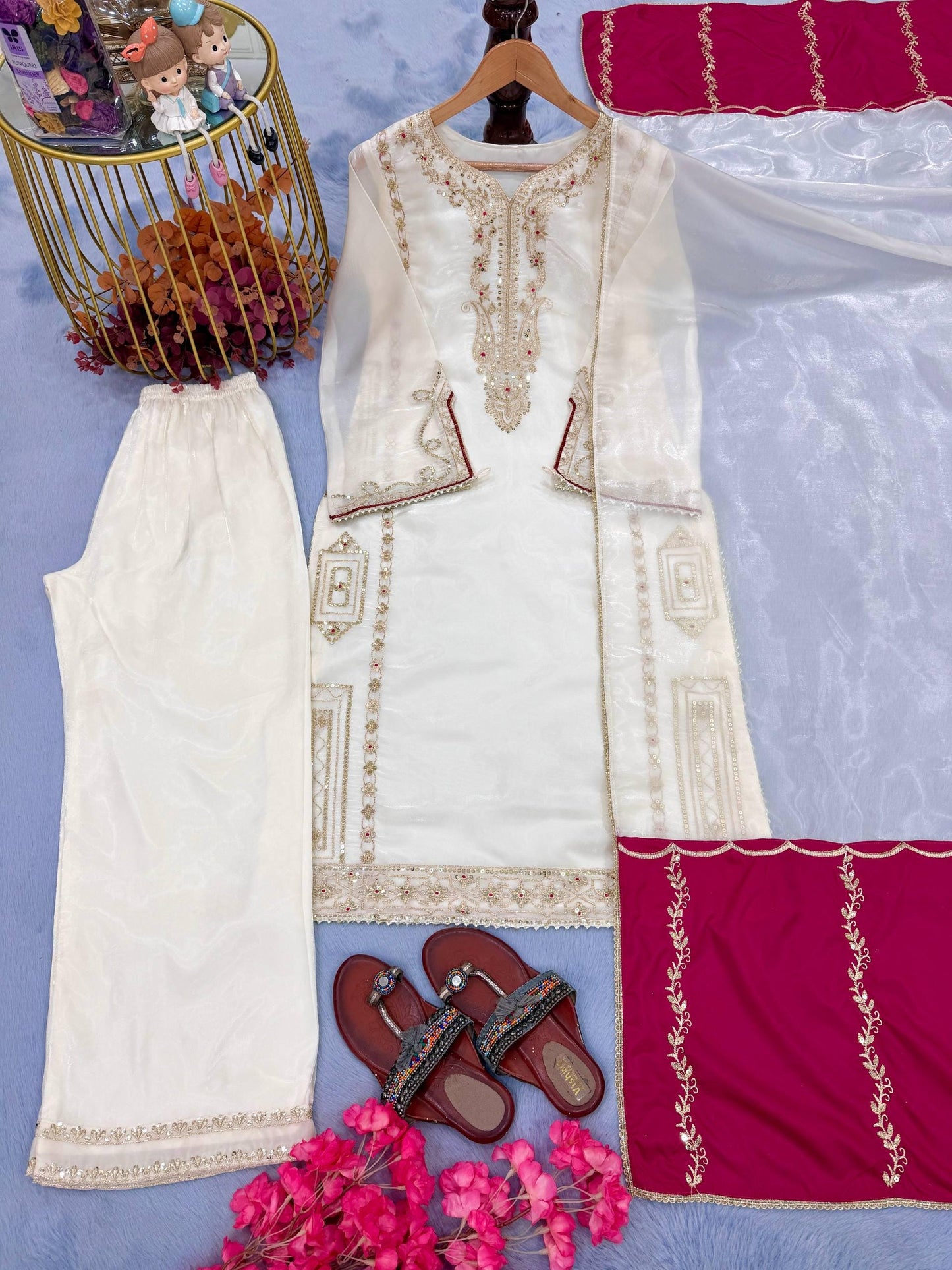 Majestic White Silk Kurta & Palazzo Suit With Dupatta Set | Embroidery Work - Suit For Ramzan