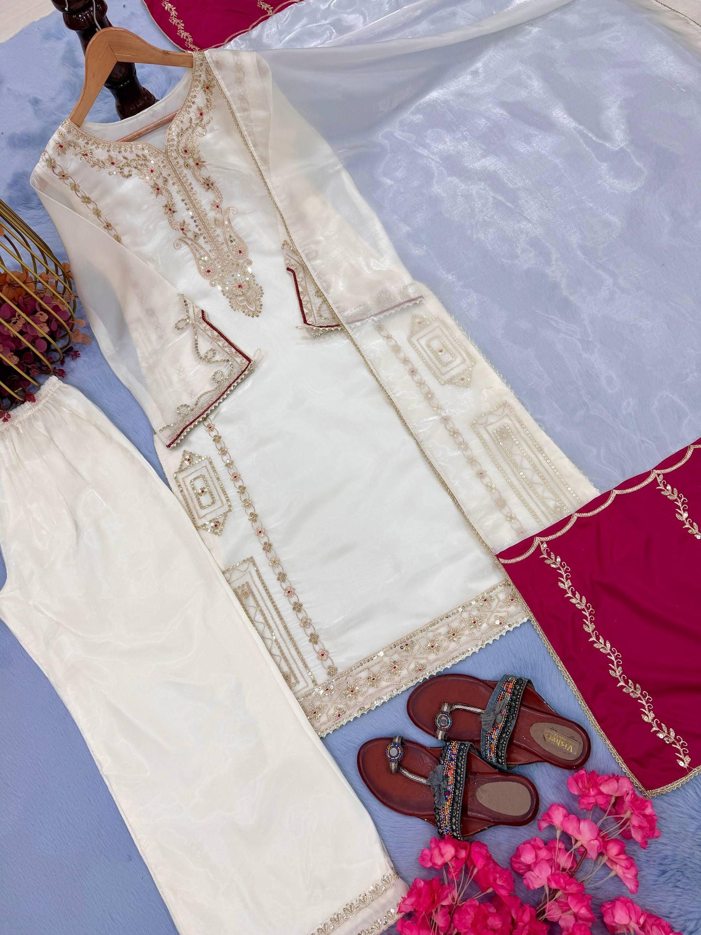 Majestic White Silk Kurta & Palazzo Suit With Dupatta Set | Embroidery Work - Suit For Ramzan
