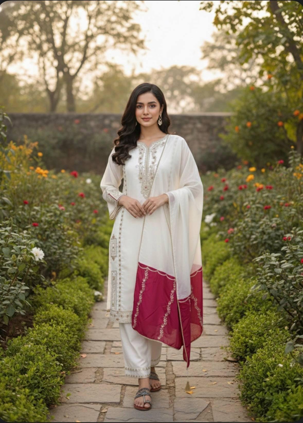 Majestic White Silk Kurta & Palazzo Suit With Dupatta Set | Embroidery Work - Suit For Ramzan