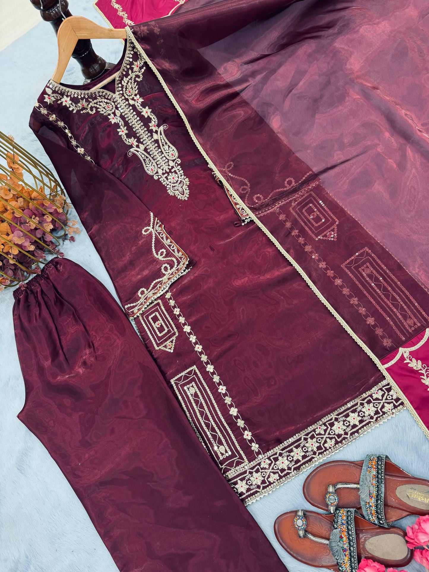 Maroon Silk Kurta Palazzo Suit Set | Sequence Embroidery Work, Festive Wear