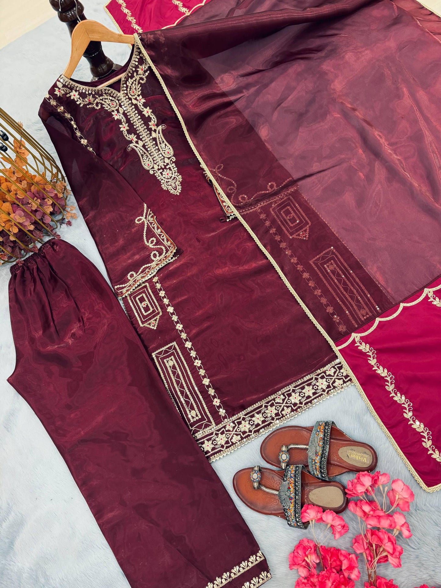 Maroon Silk Kurta Palazzo Suit Set | Sequence Embroidery Work, Festive Wear