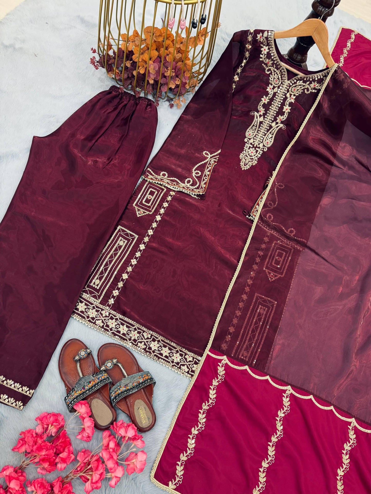 Maroon Silk Kurta Palazzo Suit Set | Sequence Embroidery Work, Festive Wear