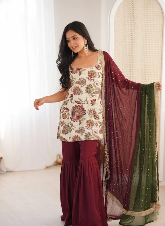 Graceful Floral Ivory Silk Kurti & Sharara With Dupatta Set | Embroidery Work Set