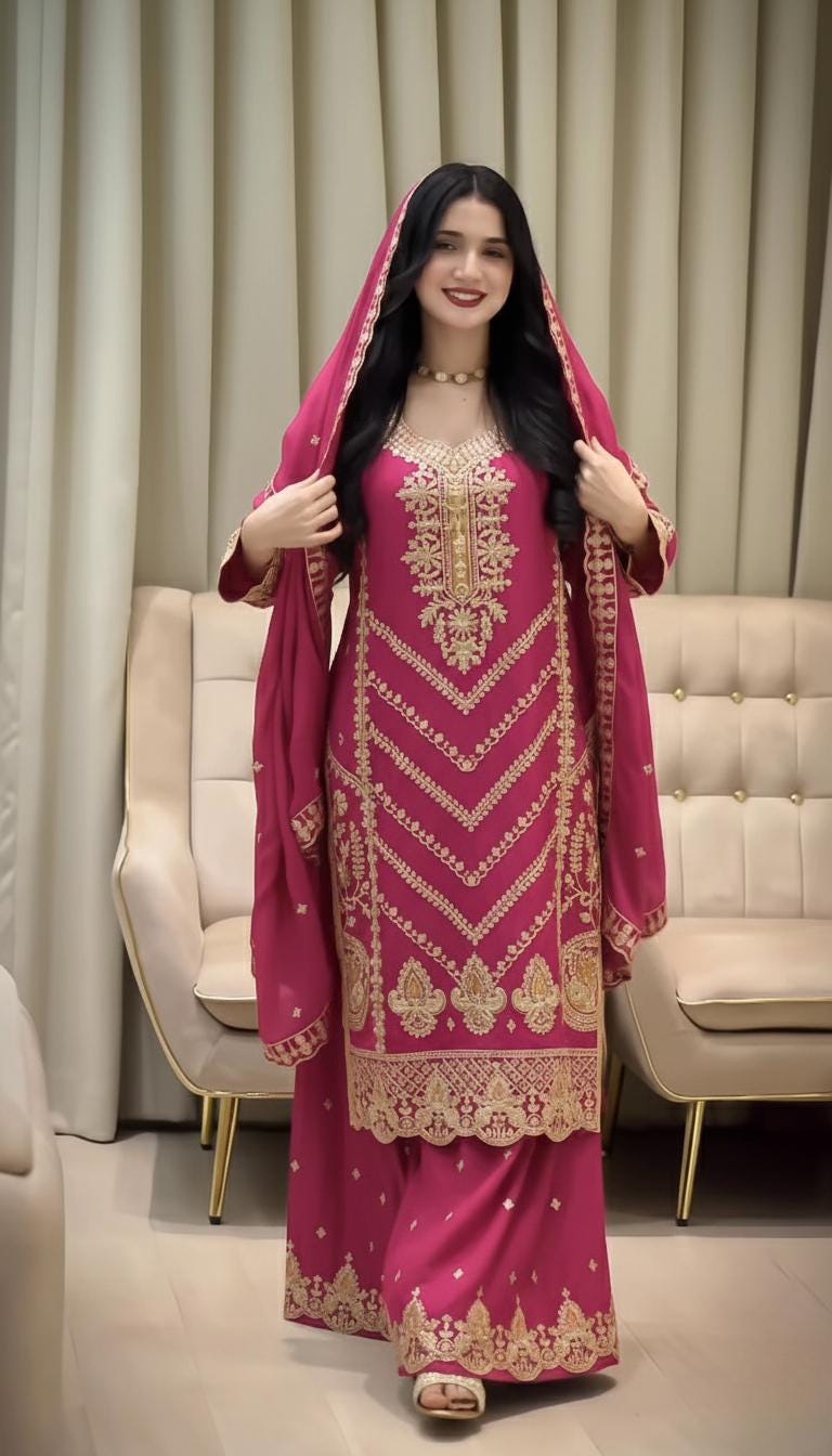 Designer Pink Pure Silk Kurti & Palazzo Suit | Sequence Embroidery Work With Dupatta Set
