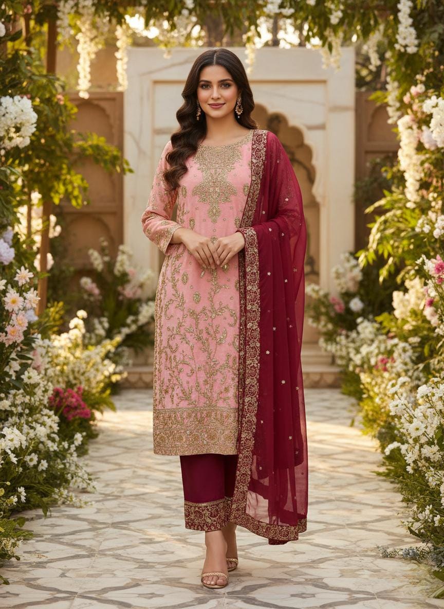 Pink Silk Gold Embroidered Salwar Suit – Maroon Dupatta Pakistani Wedding Outfit