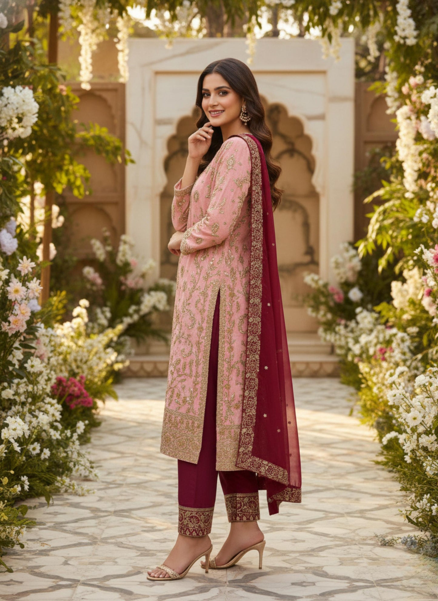 Pink Silk Gold Embroidered Salwar Suit – Maroon Dupatta Pakistani Wedding Outfit