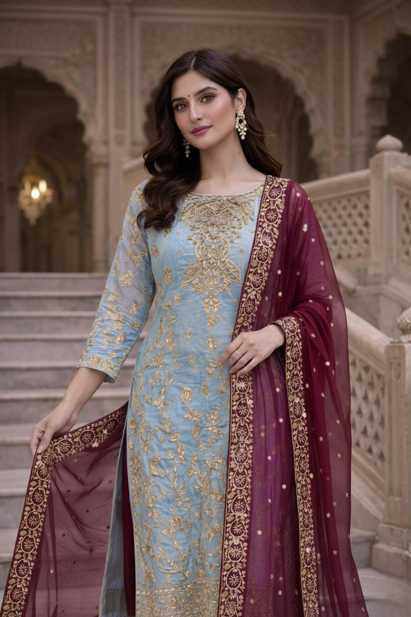 Embroidered Silk Kameez with Red Palazzo Pants and Dupatta – Festival Wear