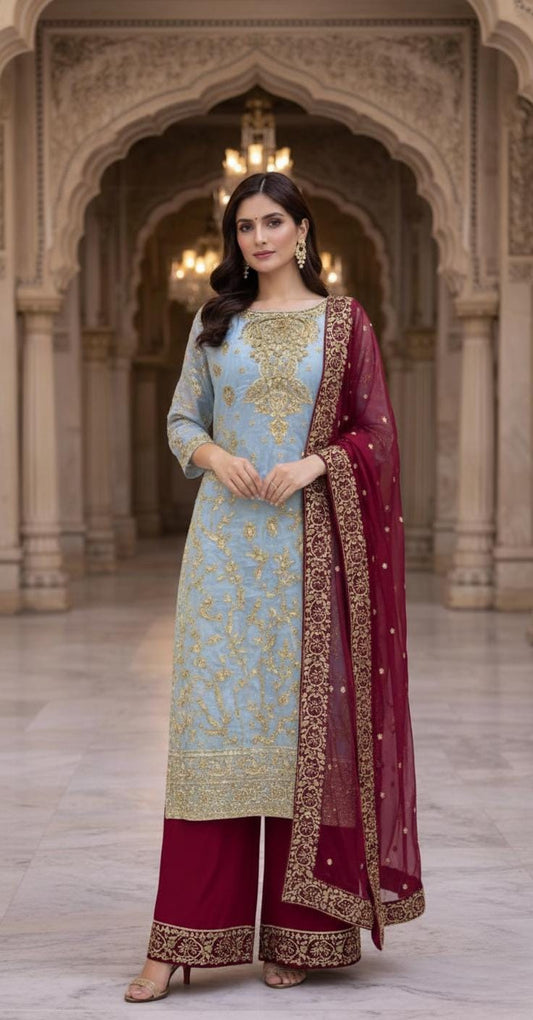 Embroidered Silk Kameez with Red Palazzo Pants and Dupatta – Festival Wear