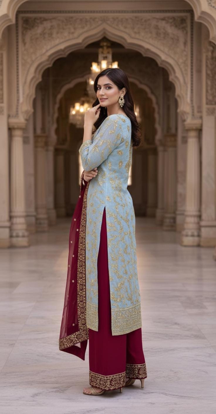 Embroidered Silk Kameez with Red Palazzo Pants and Dupatta – Festival Wear