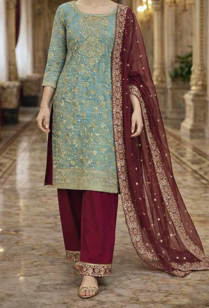 Teal Blue Silk Kurti with Heavy Gold Embroidery &Contrast Dupatta - Wedding Festive and Wear
