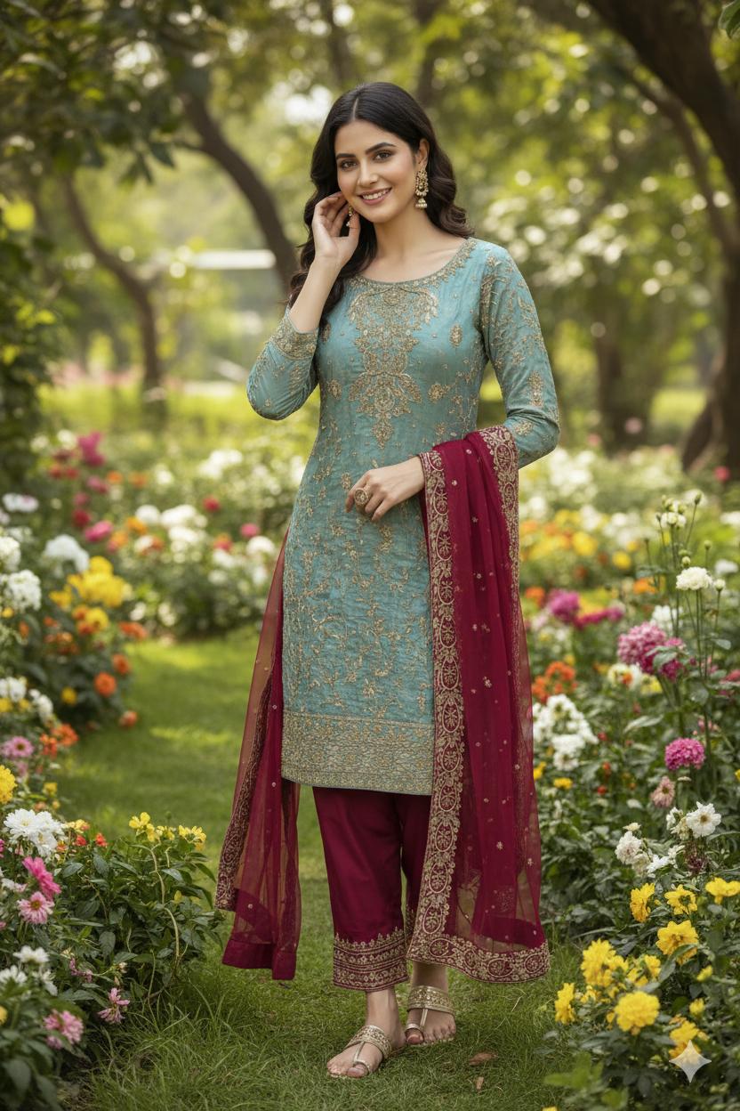 Teal Blue Silk Kurti with Heavy Gold Embroidery &Contrast Dupatta - Wedding Festive and Wear