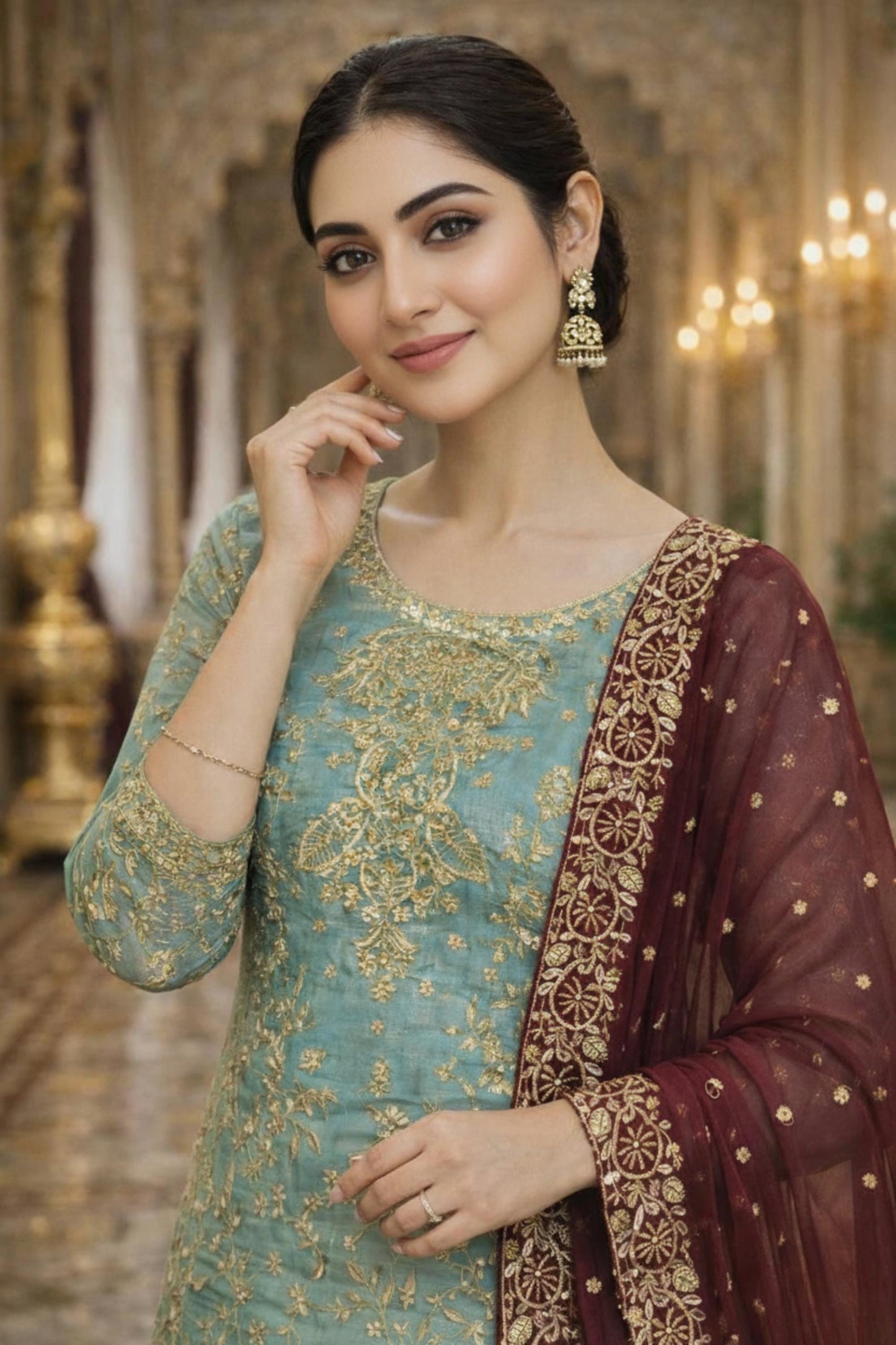 Teal Blue Silk Kurti with Heavy Gold Embroidery &Contrast Dupatta - Wedding Festive and Wear