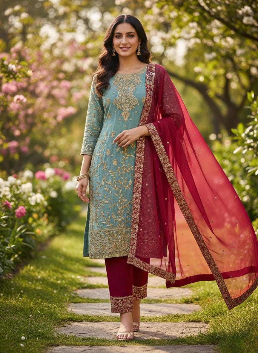 Teal Blue Silk Kurti with Heavy Gold Embroidery &Contrast Dupatta - Wedding Festive and Wear