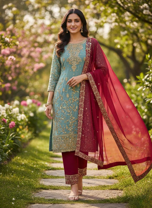Teal Blue Silk Kurti with Heavy Gold Embroidery &Contrast Dupatta - Wedding Festive and Wear