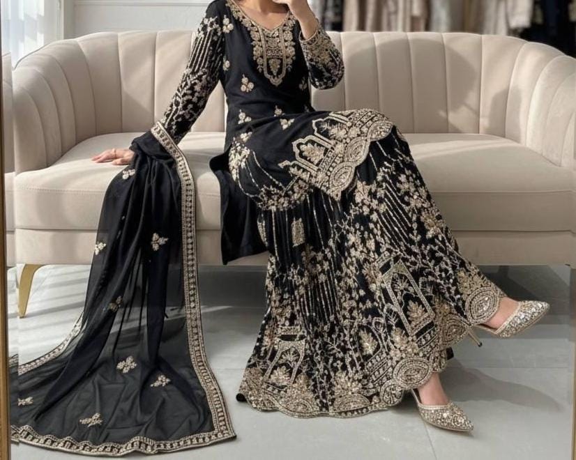Pakistani Black Gold Embroidery Kurta & Palazzo Suit With Matching Dupatta Set