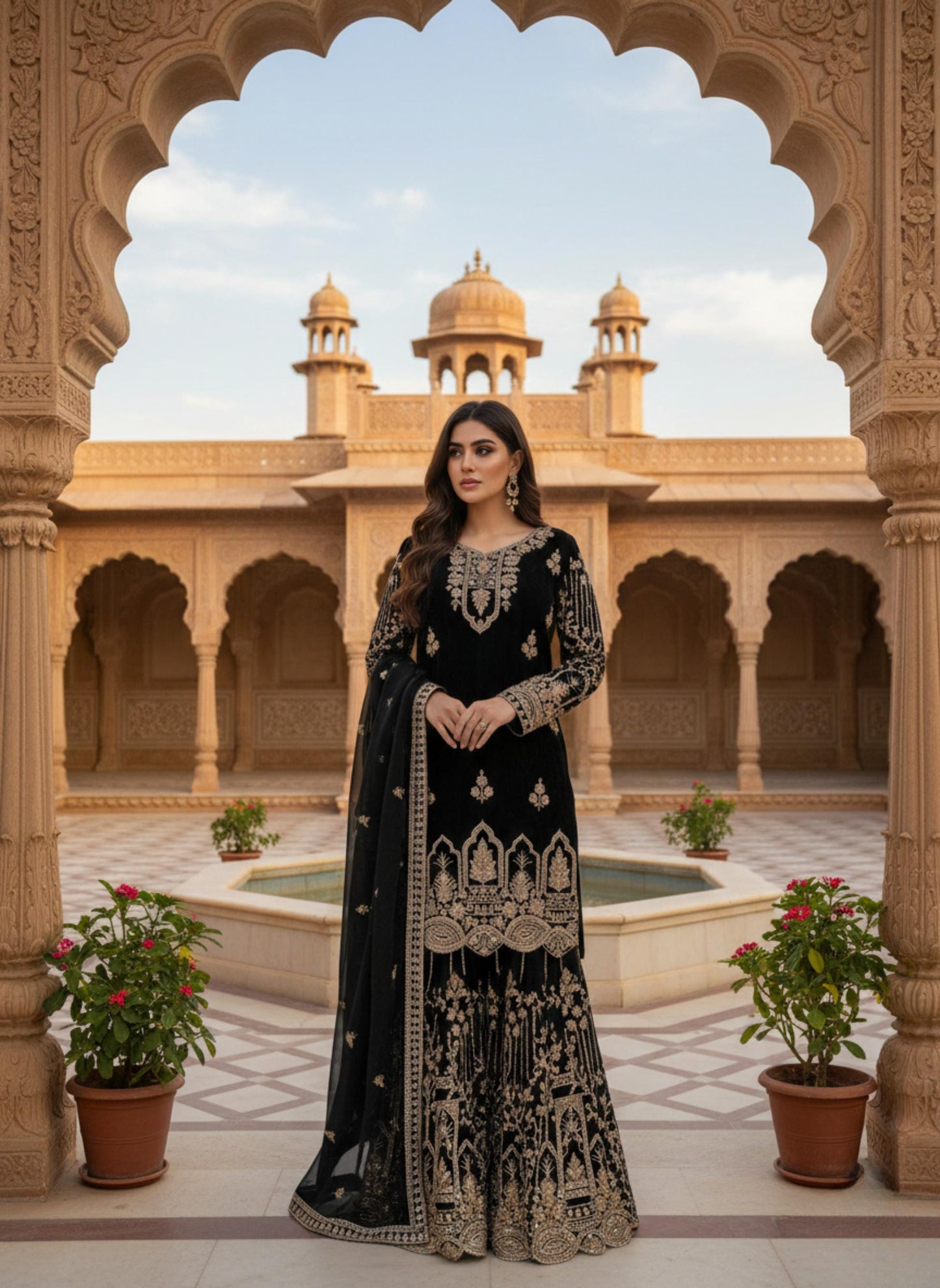 Pakistani Black Gold Embroidery Kurta & Palazzo Suit With Matching Dupatta Set