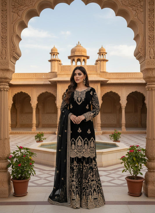 Pakistani Black Gold Embroidery Kurta & Palazzo Suit With Matching Dupatta Set