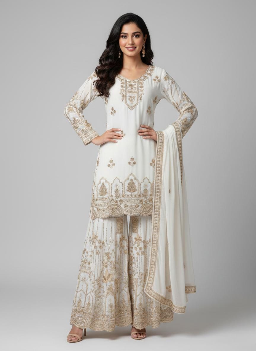 Elegant White Designer Kurti  & Sharara Set with Gold Work