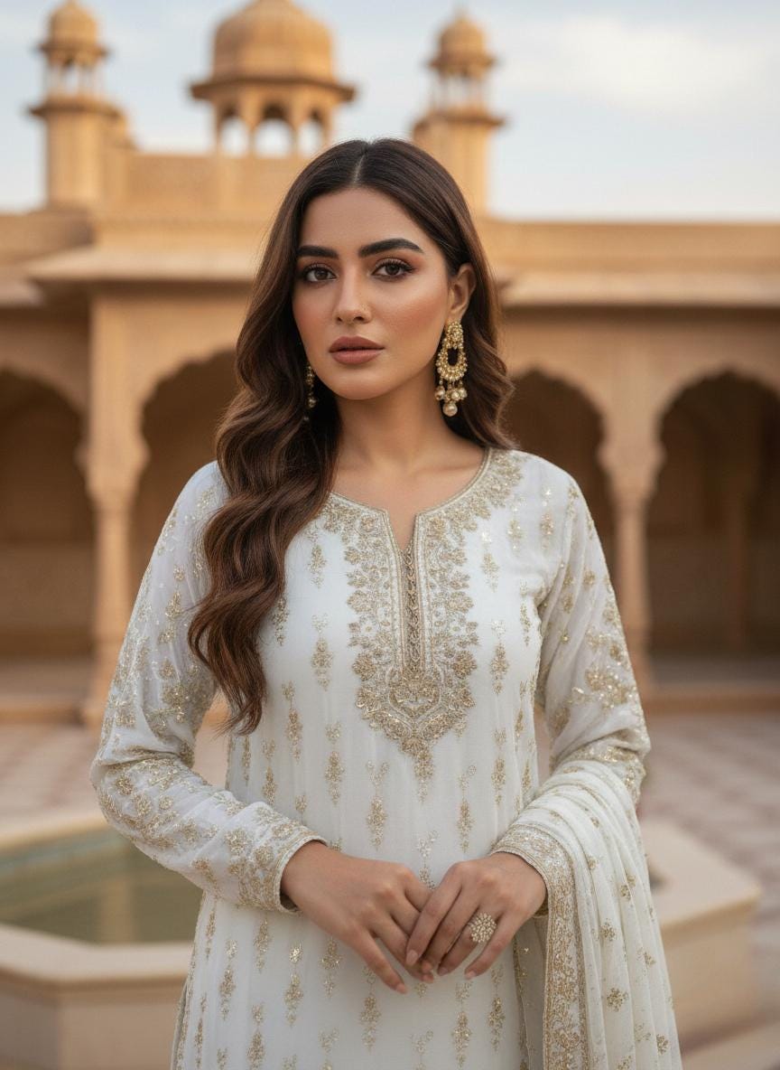 Elegant White Designer Kurti  & Sharara Set with Gold Work