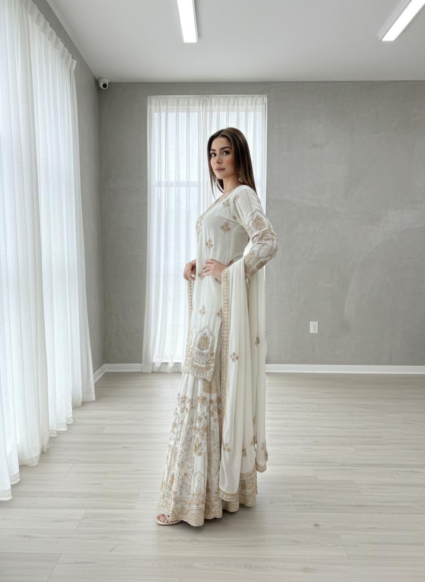 Elegant White Designer Kurti  & Sharara Set with Gold Work
