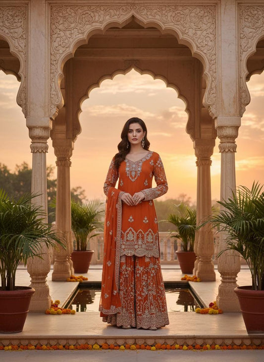 Designer Orange Embroidered Palazzo Suit with Dupatta | Heavy Sequence Party Wear Ethnic Set