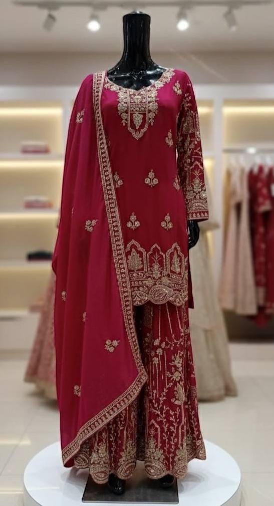 Designer Pink Embroidered Fox Georgette Palazzo Suit with Dupatta