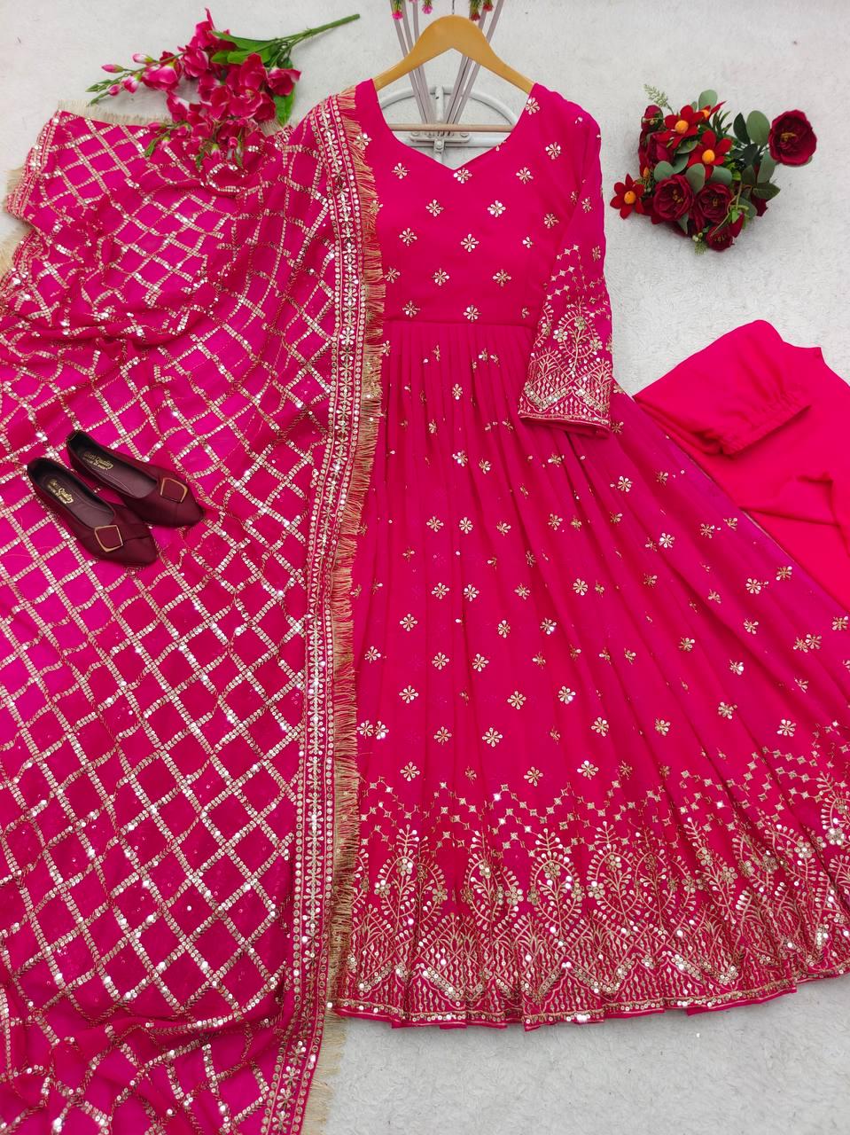 Designer Fox Georgette Gown Pant Dupatta Suit | Heavy Sequin Embroidery Set