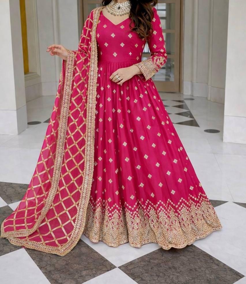 Designer Fox Georgette Gown Pant Dupatta Suit | Heavy Sequin Embroidery Set