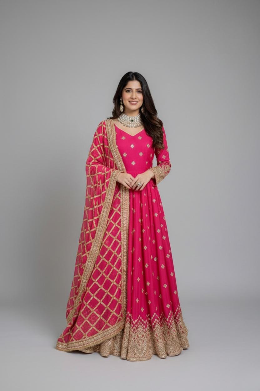 Designer Fox Georgette Gown Pant Dupatta Suit | Heavy Sequin Embroidery Set