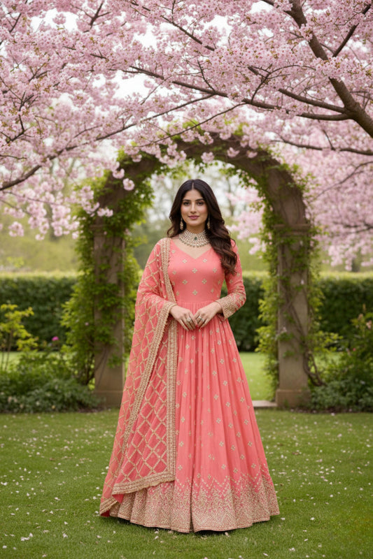 Peach Fox Georgette Embroidered Gown with Pant & Dupatta | Designer Festive Wear Set