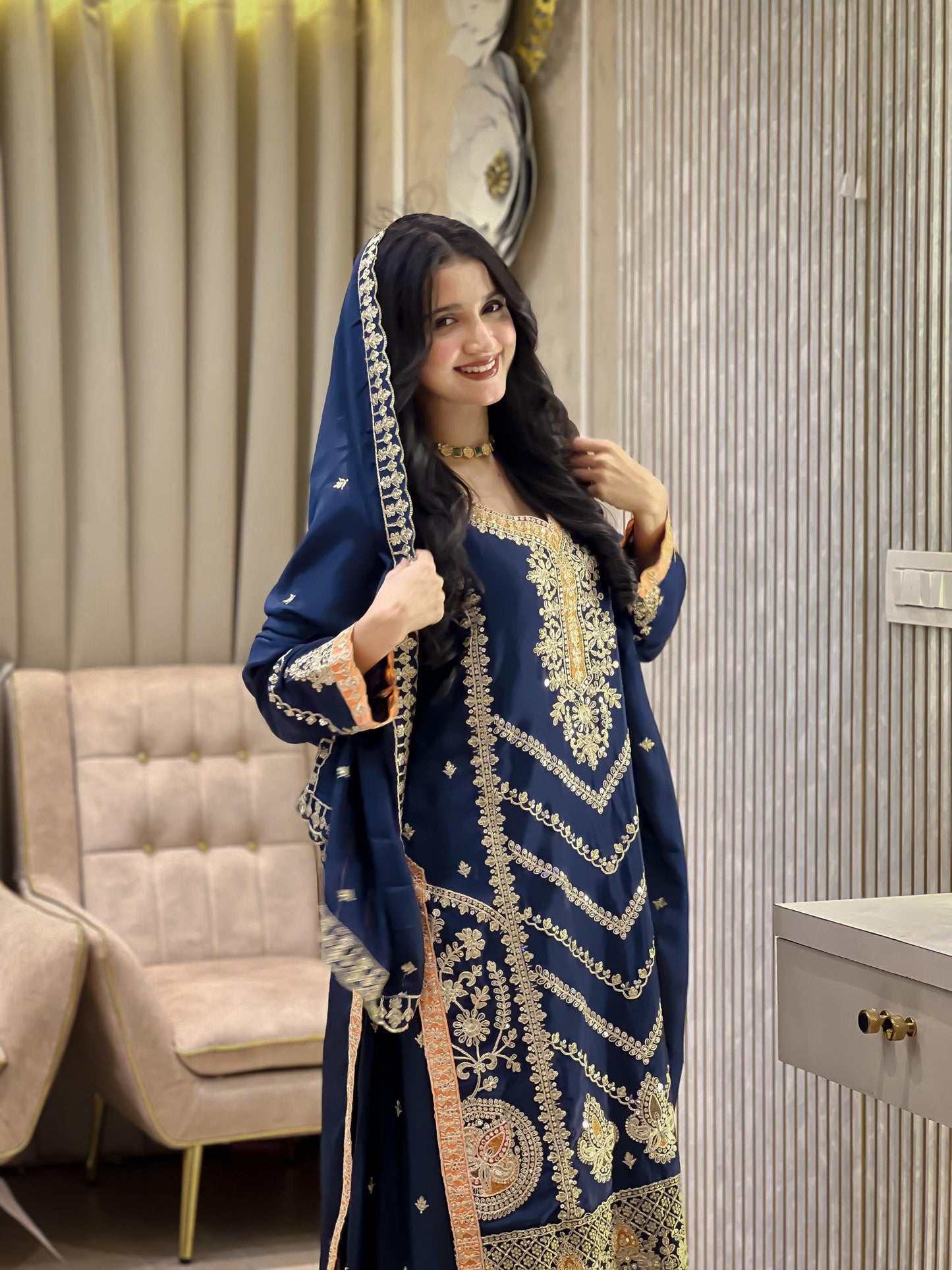 Dark Blue Chinon Silk Pakistani Suit – Heavy Gold Embroidery Eid Outfit