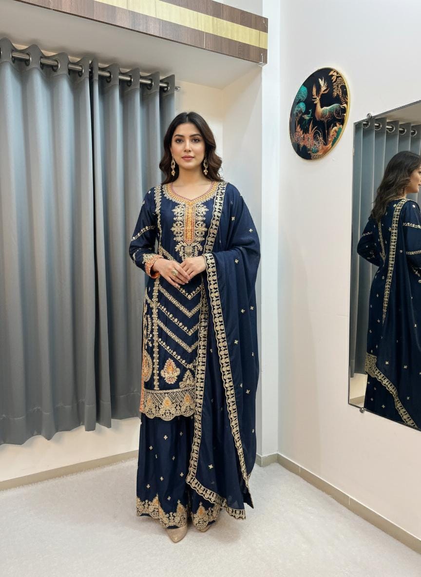 Dark Blue Chinon Silk Pakistani Suit – Heavy Gold Embroidery Eid Outfit
