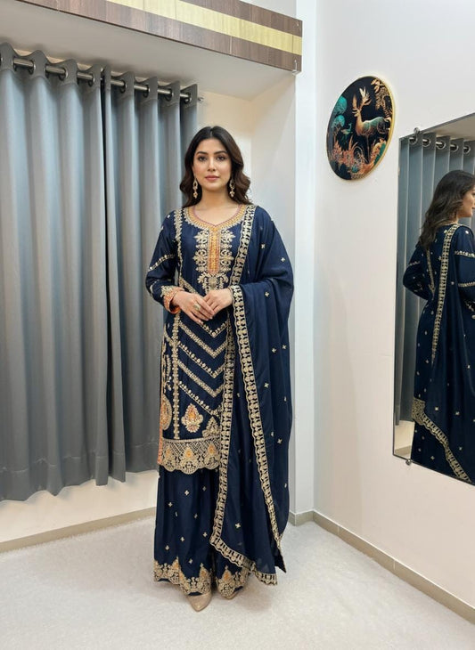 Dark Blue Chinon Silk Pakistani Suit – Heavy Gold Embroidery Eid Outfit