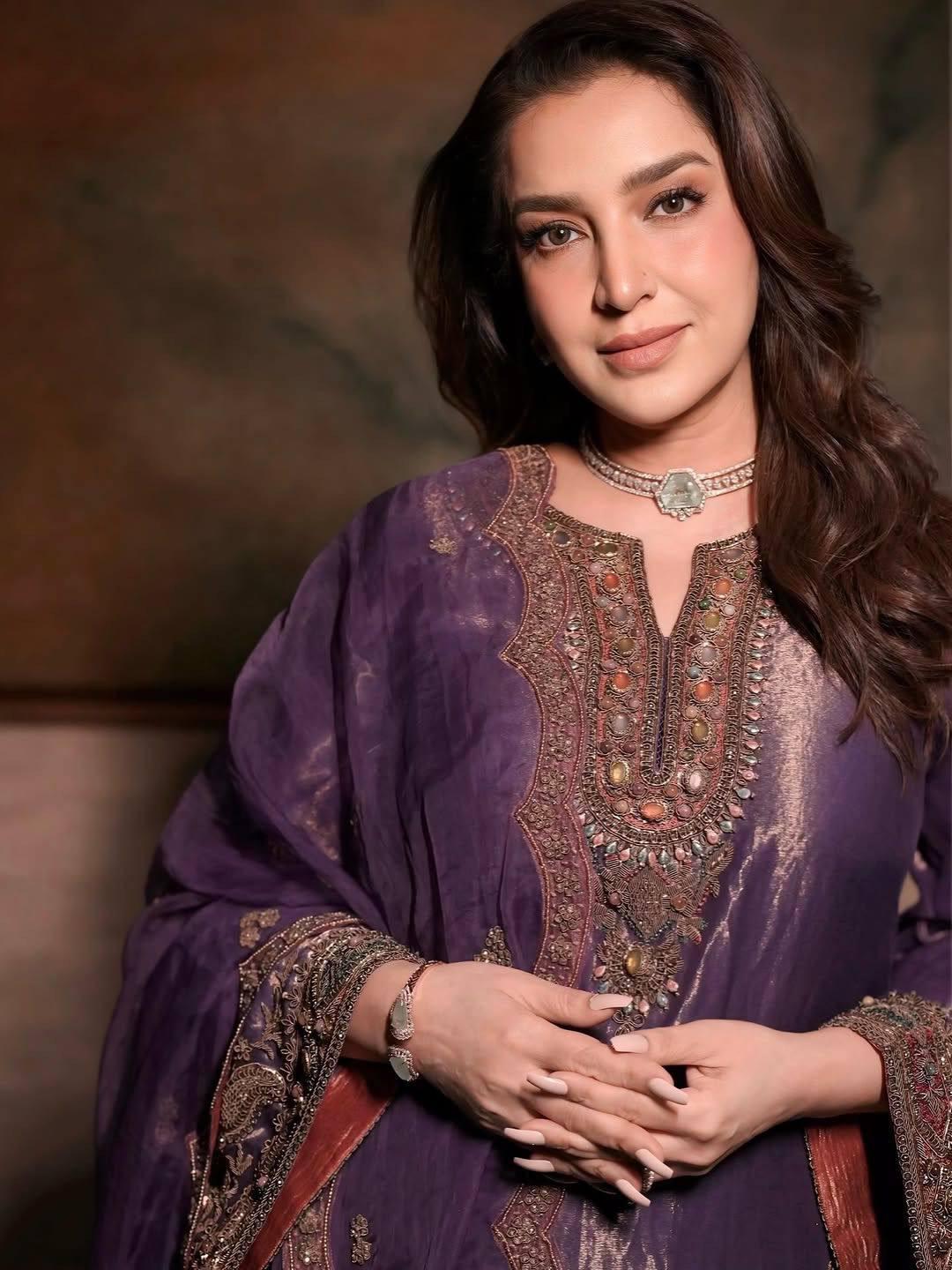 Soft Purple Tissue Silk Ghrarara Suit With Bronze & Gold Hand Embroidered Dupatta Set