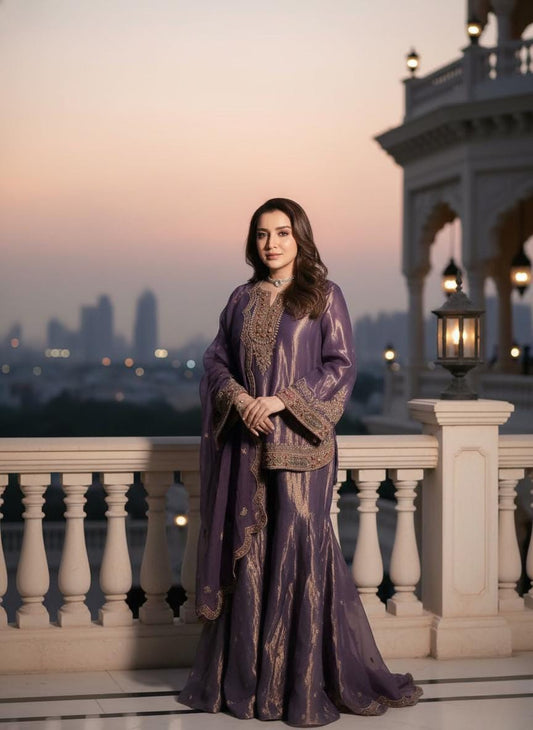 Soft Purple Tissue Silk Ghrarara Suit With Bronze & Gold Hand Embroidered Dupatta Set