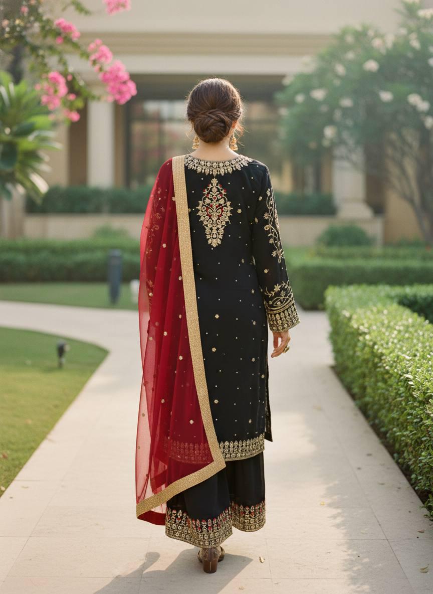 Black Georgette Kurta Palazzo Suit with Dupatta | Zari Embroidery, Wedding Wear
