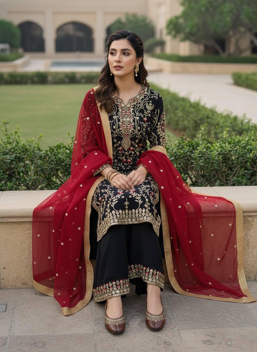 Black Georgette Kurta Palazzo Suit with Dupatta | Zari Embroidery, Wedding Wear