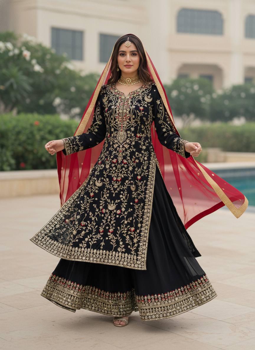 Black Georgette Kurta Palazzo Suit with Dupatta | Zari Embroidery, Wedding Wear
