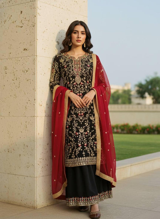 Black Georgette Kurta Palazzo Suit with Dupatta | Zari Embroidery, Wedding Wear