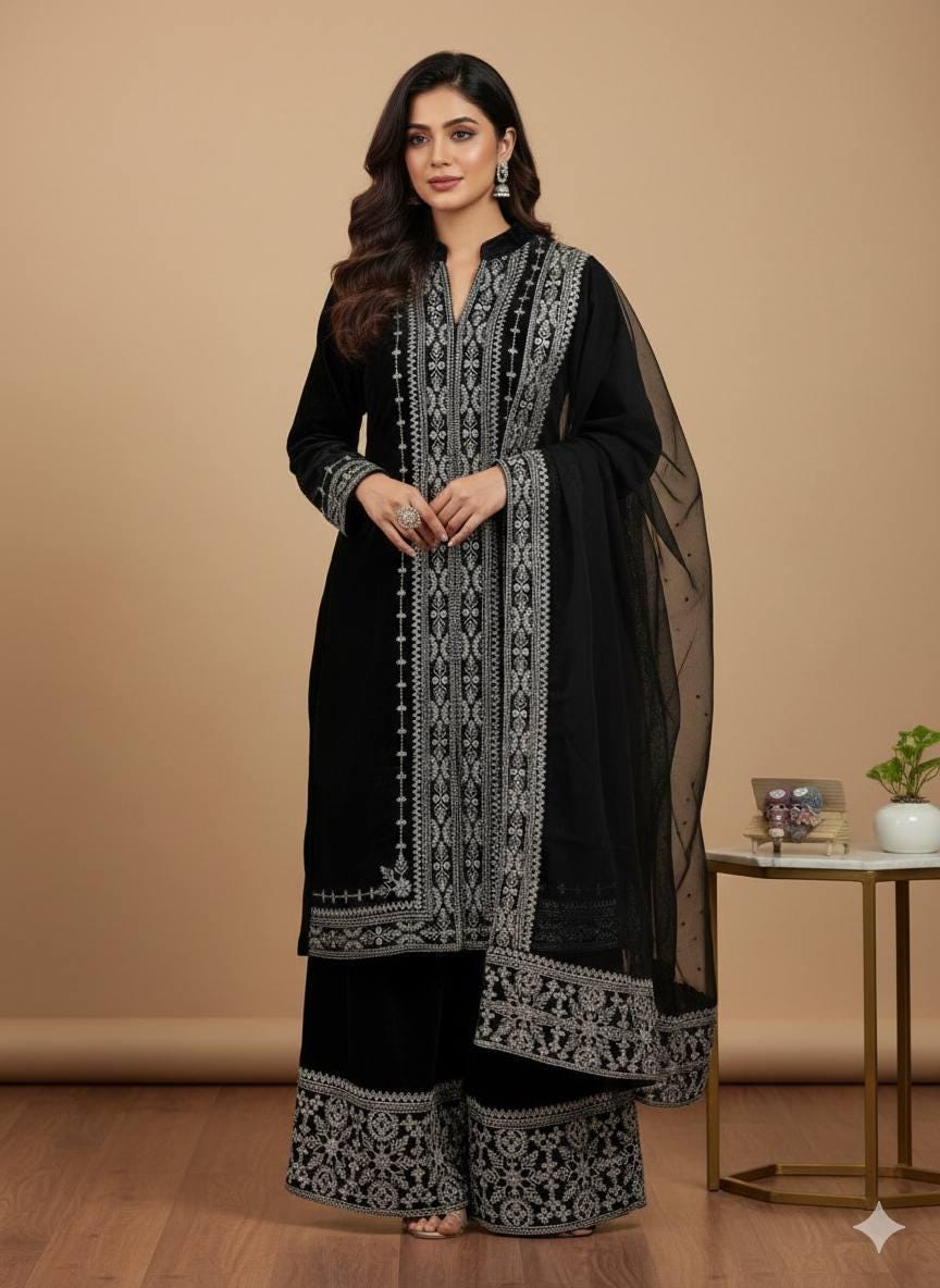 Designer Black Velvet Kurti Palazzo Suit With Dupatta Set | Embroidery Work - 3 Piece Suit