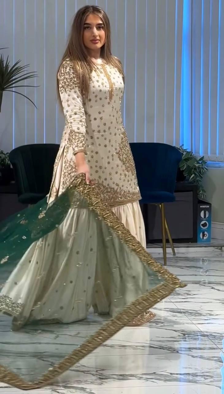 Pure Fendy Silk Gharara Set | Heavy Embroidery Sequin Work, Fully Stitched Eid Wear