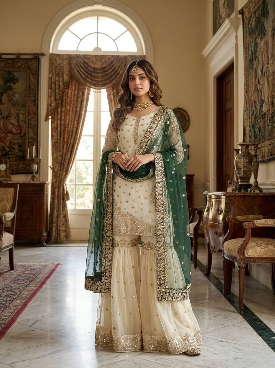 Pure Fendy Silk Gharara Set | Heavy Embroidery Sequin Work, Fully Stitched Eid Wear