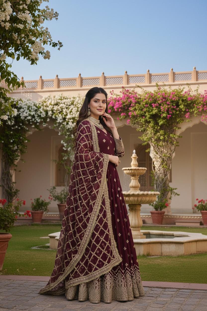 Designer Deep Marron Georgette Set Anarkali Gown Suit With Dupatta