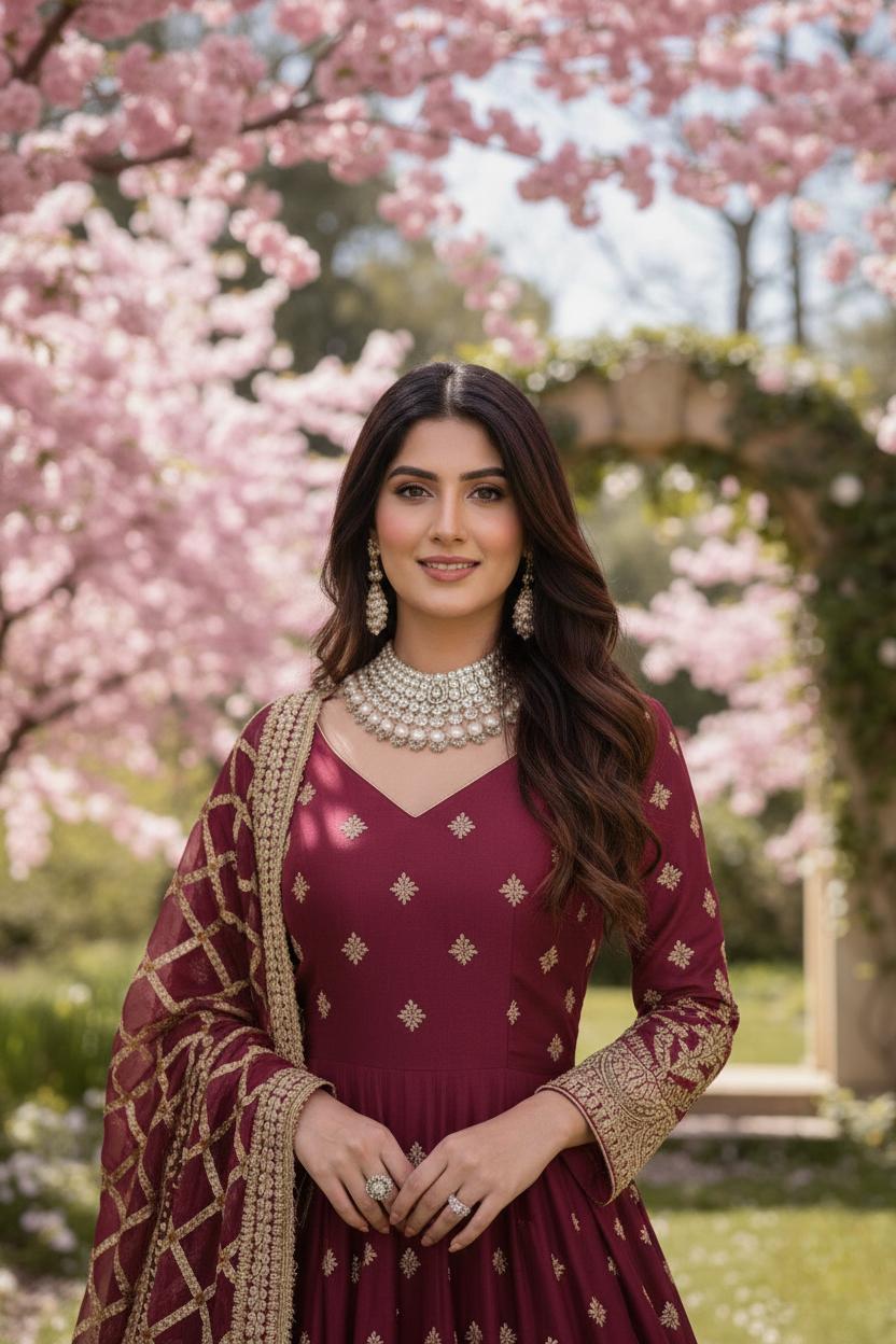 Designer Deep Marron Georgette Set Anarkali Gown Suit With Dupatta