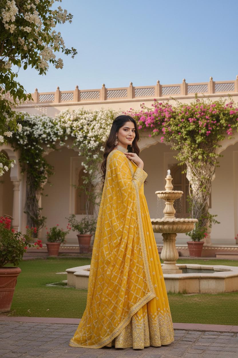 Luxury Yellow Fox Georgette Anarkali Gown with Heavy Embroidery